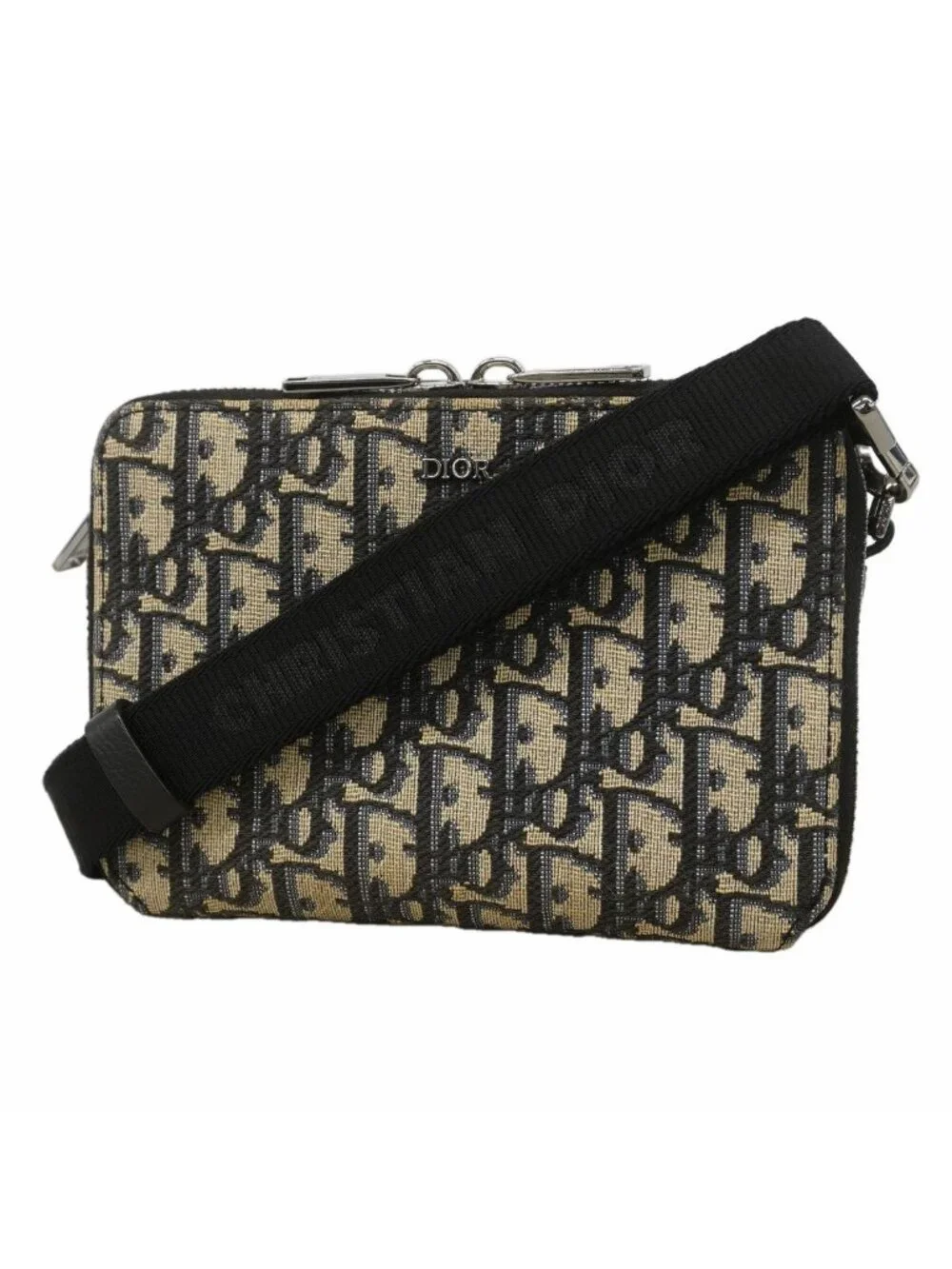 Dior Shoulder Bag Oblique Canvas Black Beige Silver
